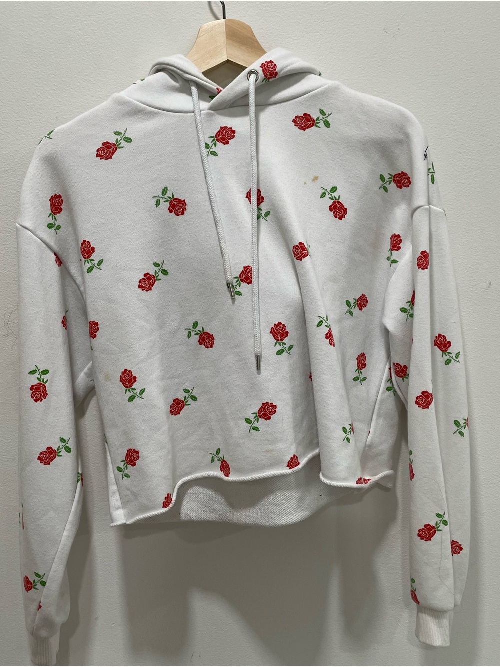 Forever 21 White Cropped Hoodie with Red Rose Print